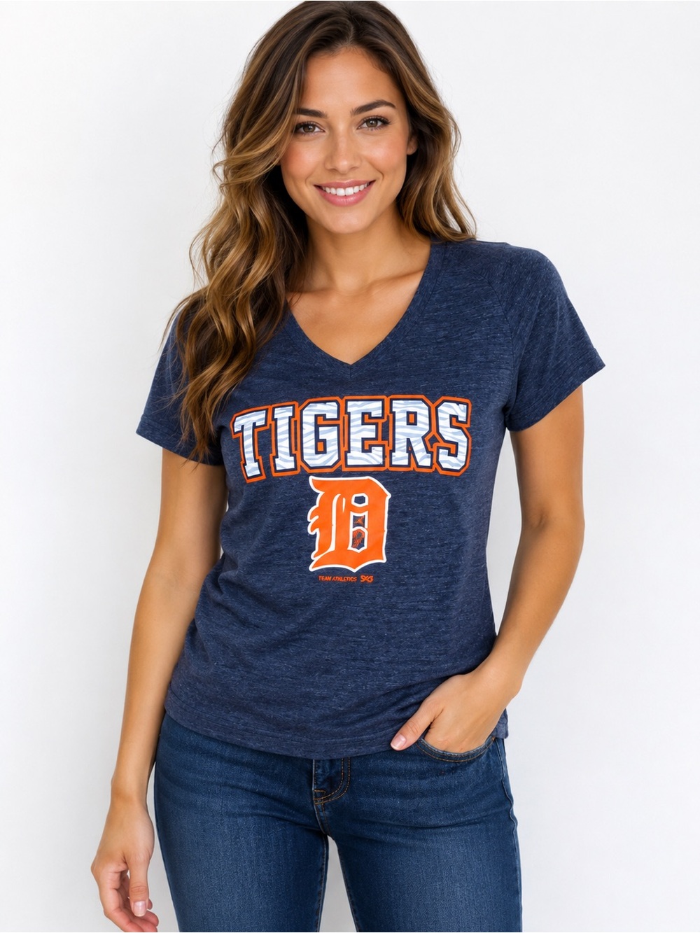Team Athletics Detroit Tigers Heathered Navy V-Neck Tee